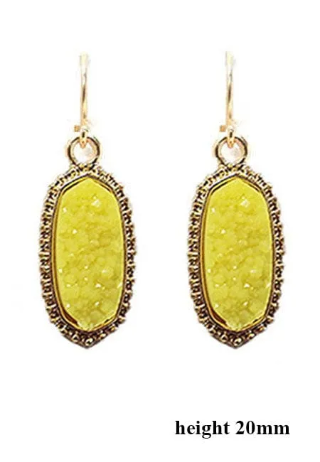 VE1442 Druzy Stone Oval Hexagon Drop Earrings