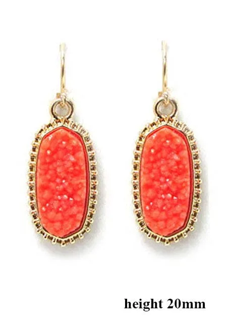 VE1442 Druzy Stone Oval Hexagon Drop Earrings