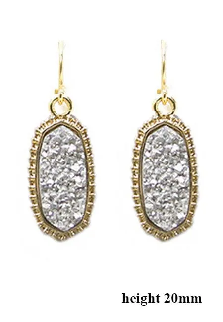 VE1442 Druzy Stone Oval Hexagon Drop Earrings