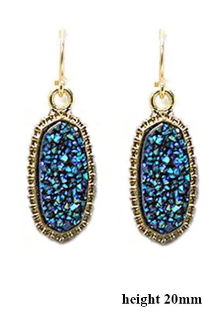 VE1442 Druzy Stone Oval Hexagon Drop Earrings